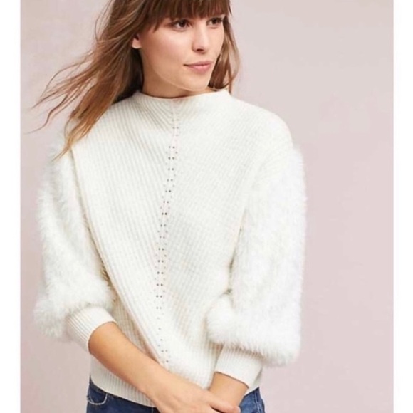 Anthropologie Knitted & Knotted Fuzzy Sleeve Knit Wool Blend Sweater Ivory Cream - Picture 1 of 8
